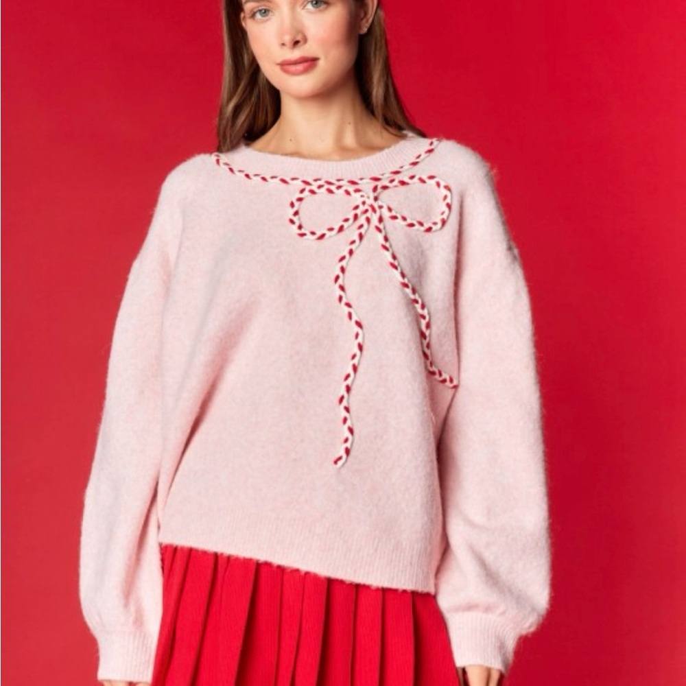 Rareraw Sweater in Pink with Candy Cane Bow. Recycled Finer Blend. NWT - Picture 6 of 16
